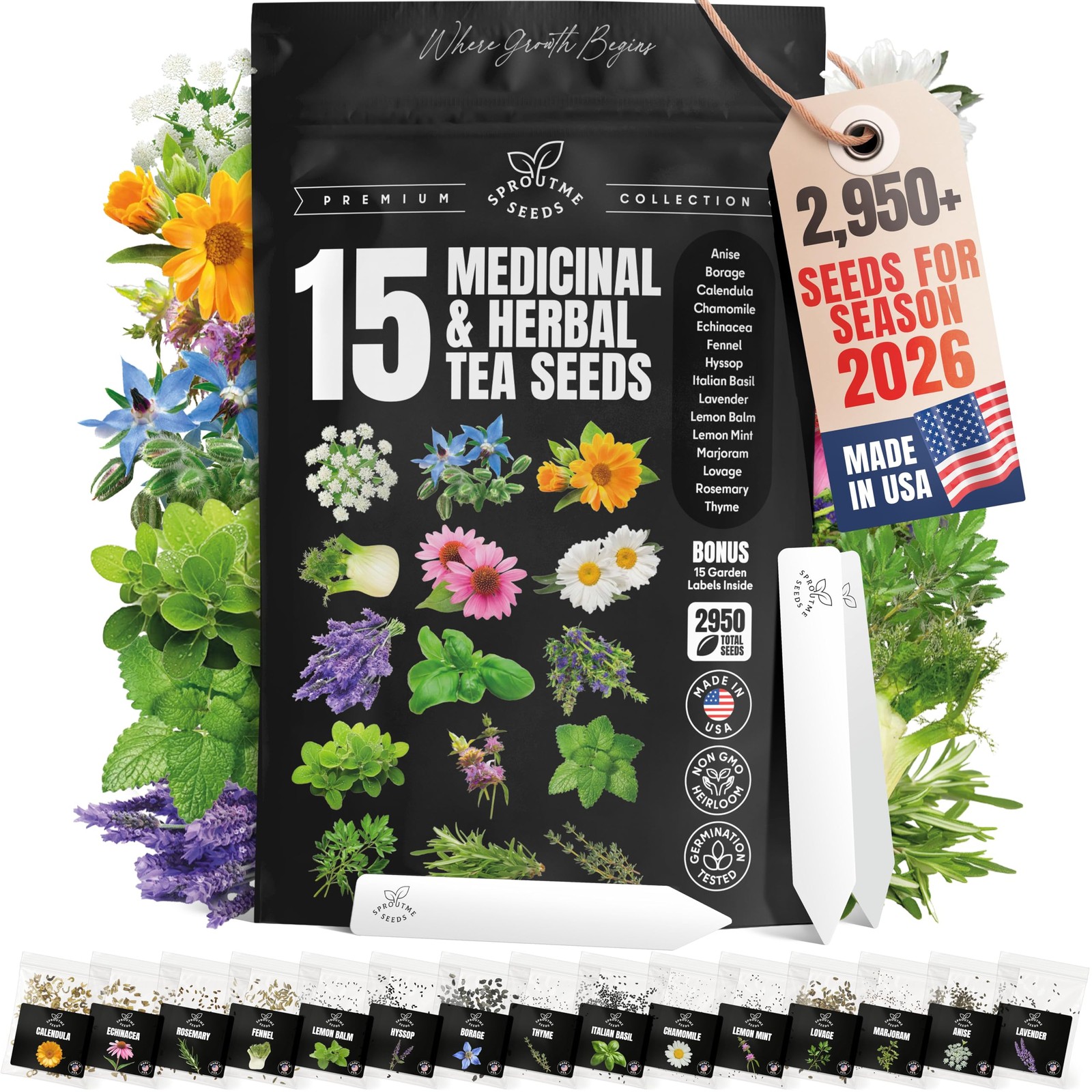 Medicinal Herb Seeds Variety Pack – 15 NonGMO Heirloom Seeds for Indoors &