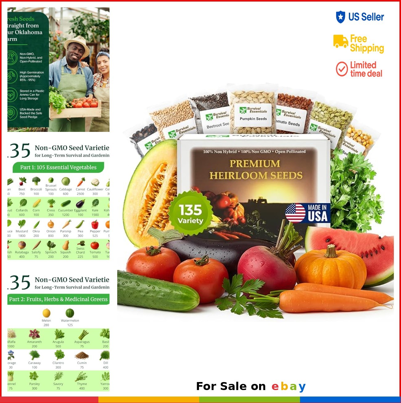 Heirloom Vegetable and Fruit Seeds Variety Pack 135 Count Non GMO Seed Bank