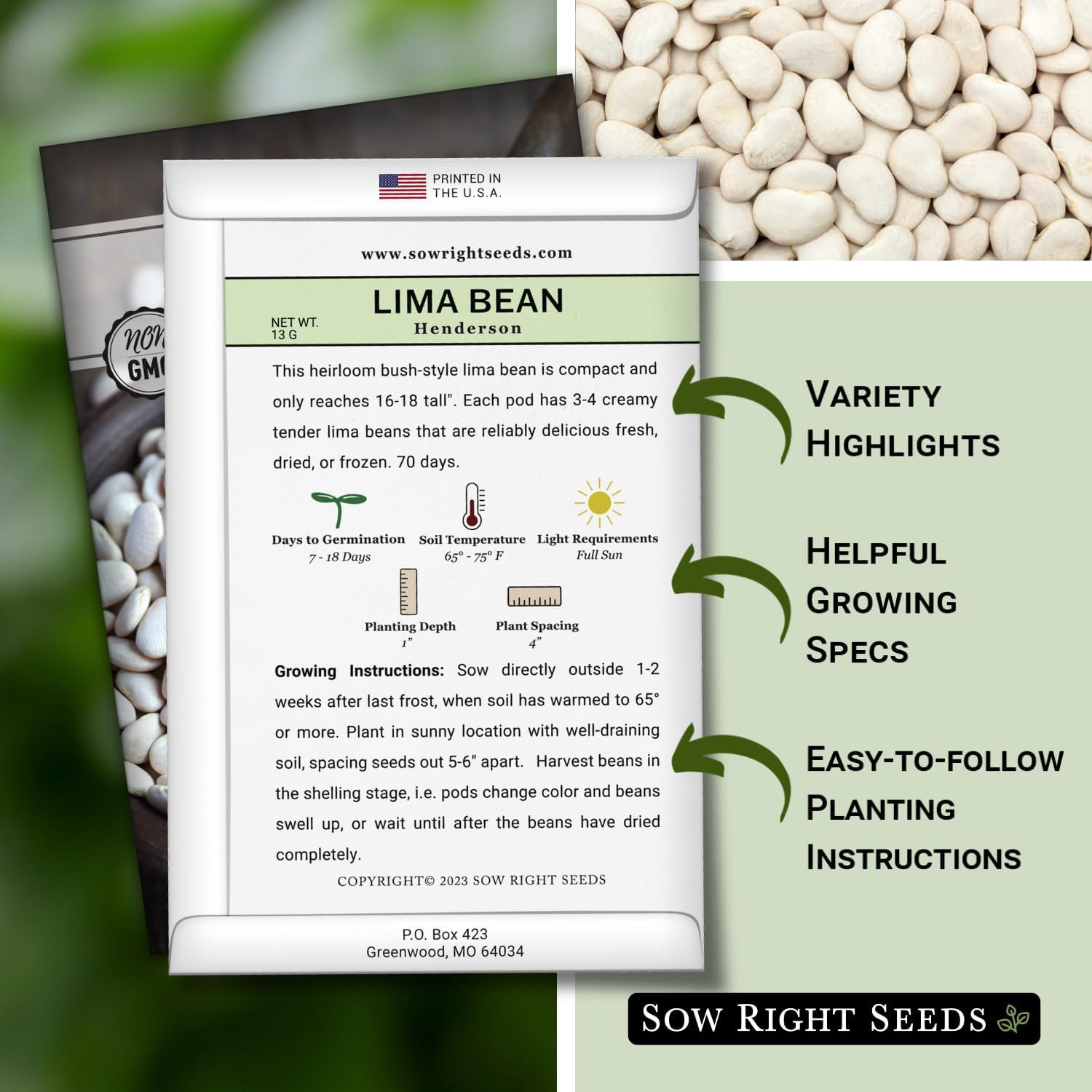 – Bush Henderson Lima Bean Seeds for Planting – Non-Gmo Heirloom Packet, Instruc