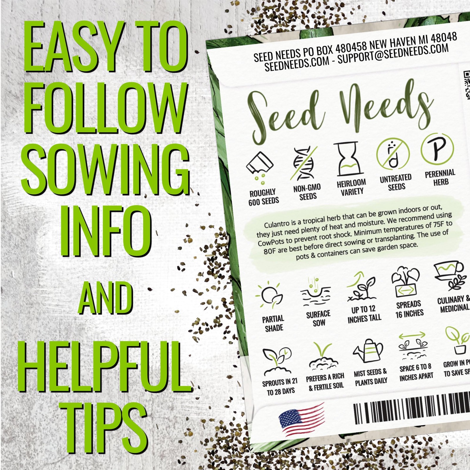 Seed Needs Culantro Seeds for Planting Mexican Coriander – 1 Pack,