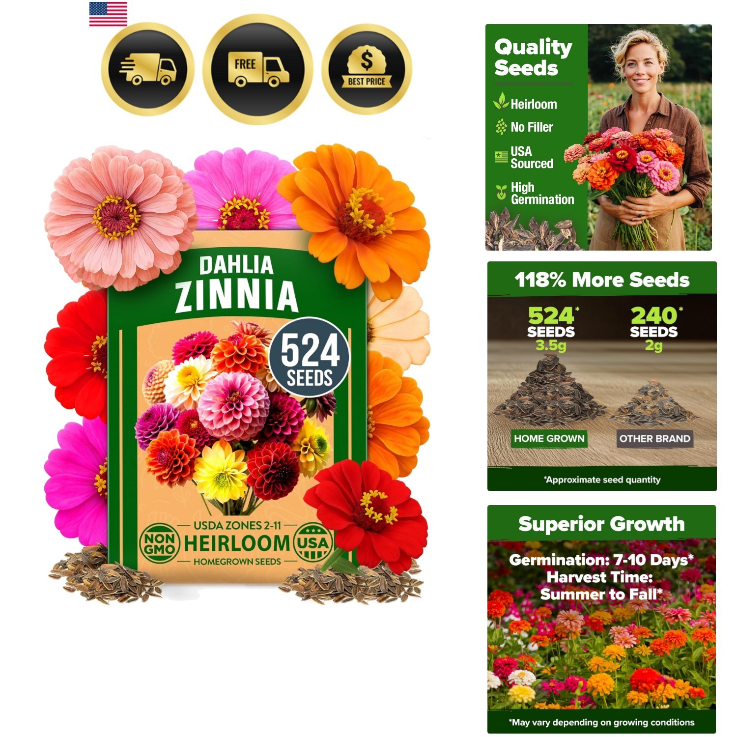 Zinnia Dahlia Seeds Pack for 2026 Non GMO 524 Flower Seeds | Vibrant Zinnia E…