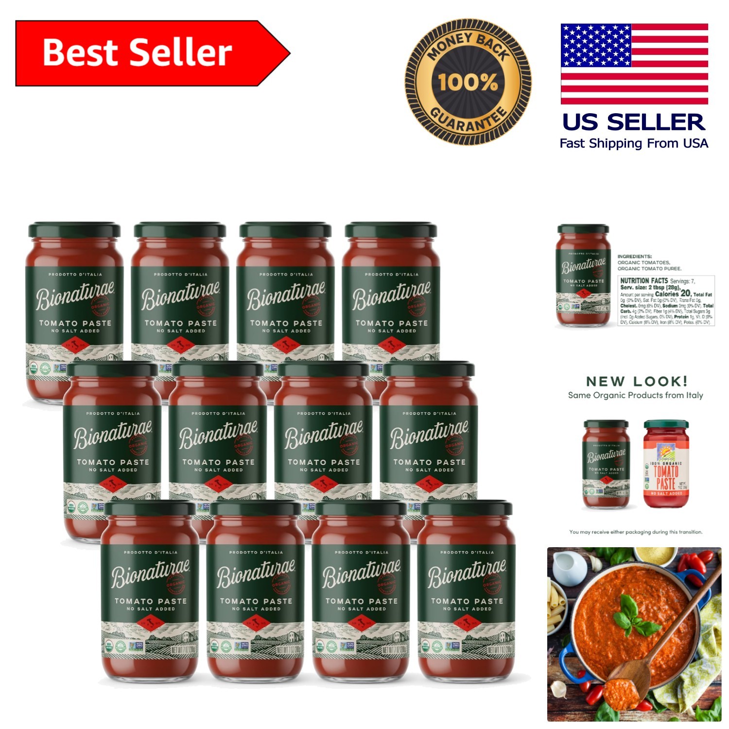 Pure Organic Tomato Paste in Glass Jars – No Added Salt, Made in Italy, 7 Oz