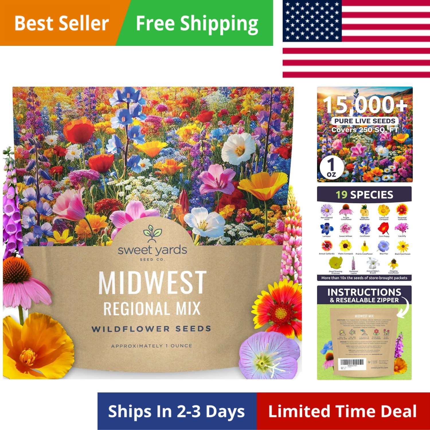 Midwest Regional Mix – Large 1 Ounce Packet – 15,000 Flower Seeds for Plantin…