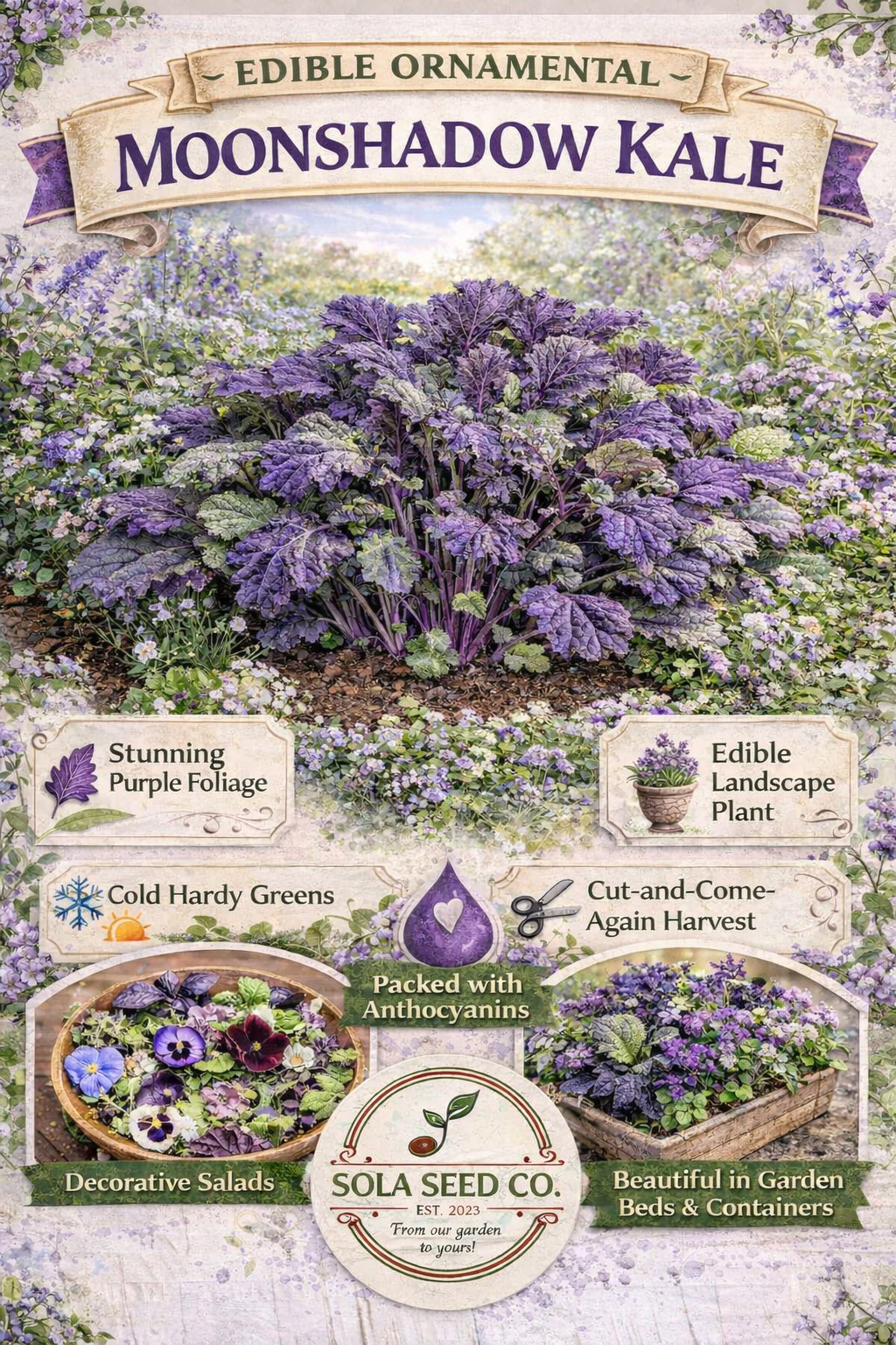 300 Rare Moonshadow Mustard Greens Seeds- Purple Ethiopian Kale Edible Green-USA