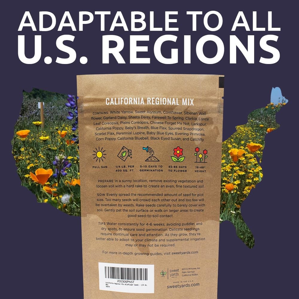 California Wildflower Mixture – Bulk 1/4 4 Ounce (Pack of 1), Multiple Colors