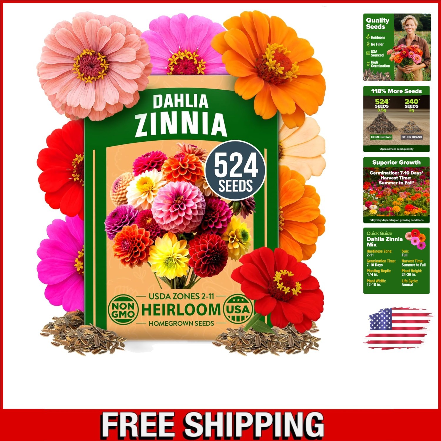 Vibrant Zinnia Dahlia Seeds (524 Count) | Effortless Blooms for Any Gardener