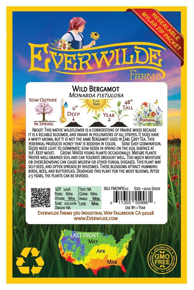 2000 Wild Bergamot Wildflower Seeds – Everwilde Farms Mylar Seed Packet