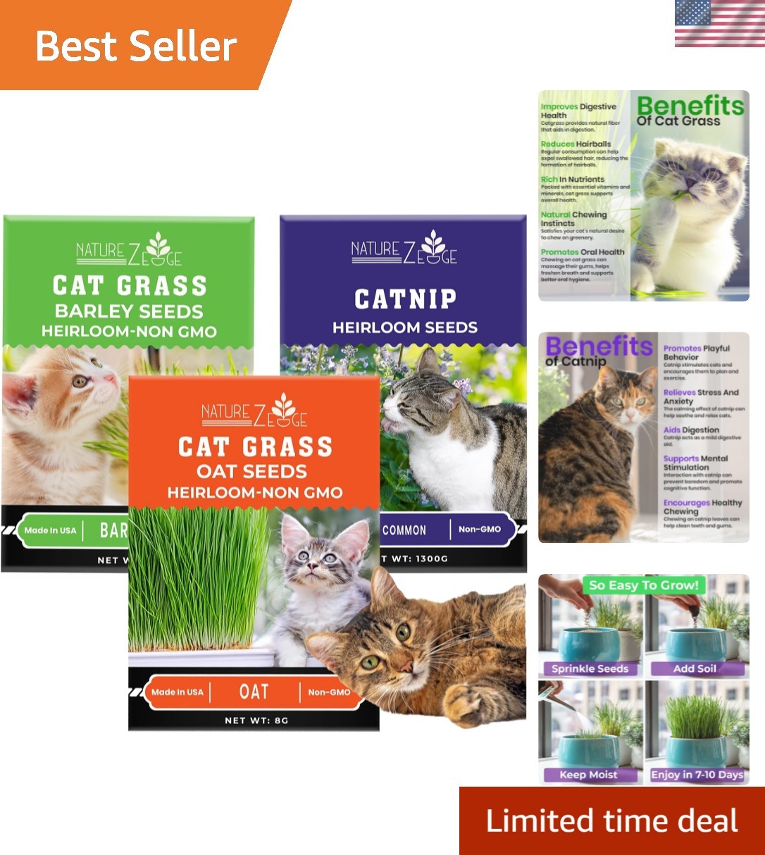 Cat Grass Seeds & Catnip Seeds – 3 Pack Variety Kit, Cat Grass for Indoor Cat…