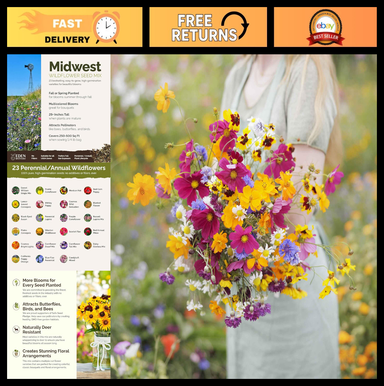 Midwest Wildflower Seed Mix – 1/4 lb, 120,000+ Seeds – Attract Pollinators, Plan