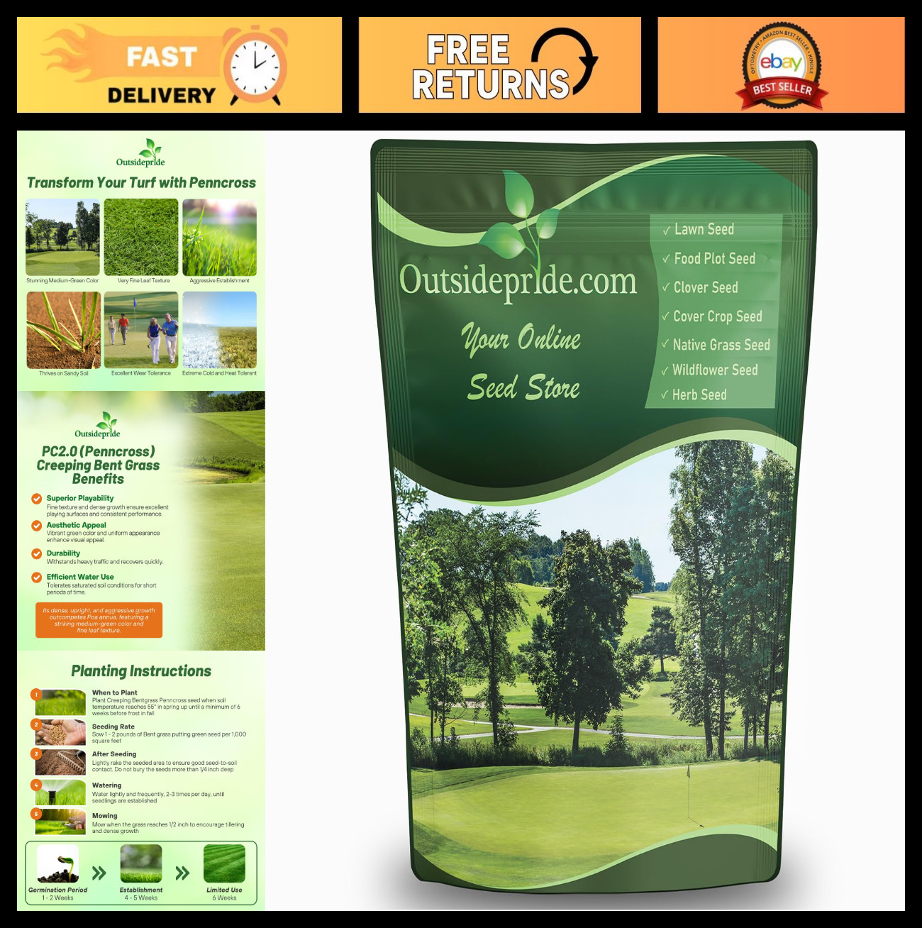 Creeping Bent Grass Seed 2 lbs – Premium Golf Course Quality, Dense & Wear-Resis