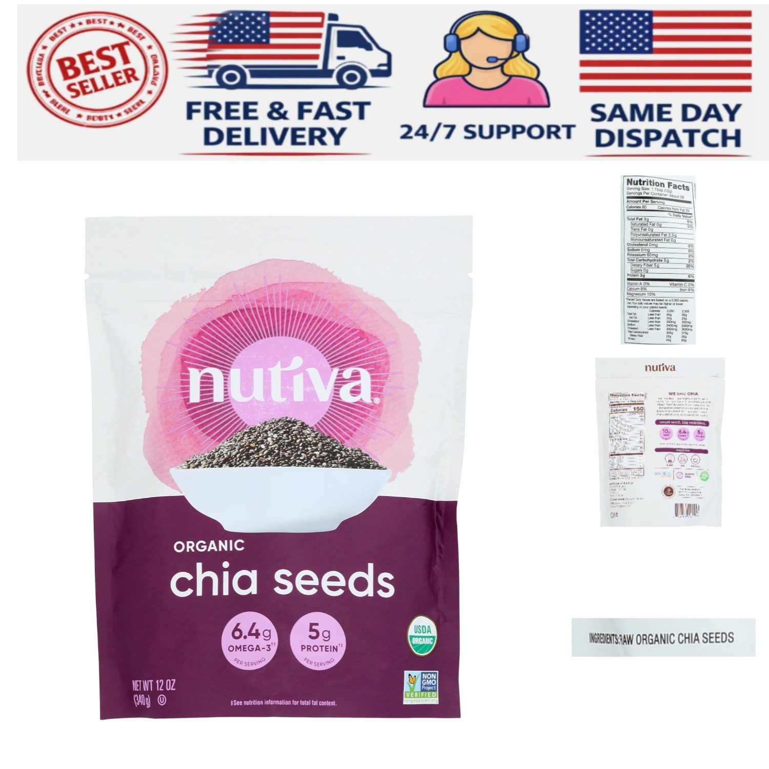 12 Ounce Pack of Organic Chia Seeds – Antioxidant-Rich for Enhanced Nutrition