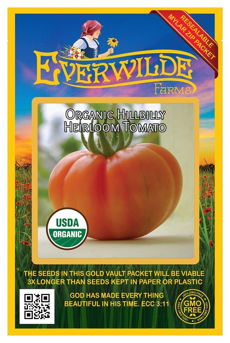 25 Organic Hillbilly Heirloom Tomato Seeds – Everwilde Farms Mylar Seed Packet
