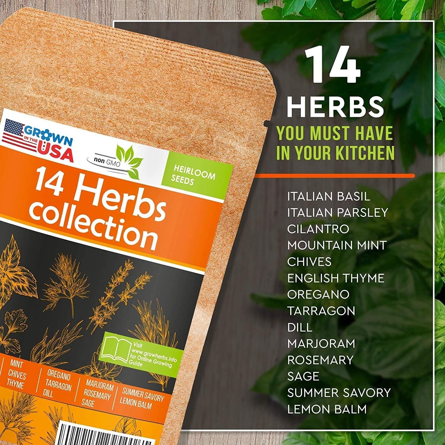 14 Herb Seed Pack Compatible Indoor Outdoor Non-GMO Heirloom Basil Parsley Di…