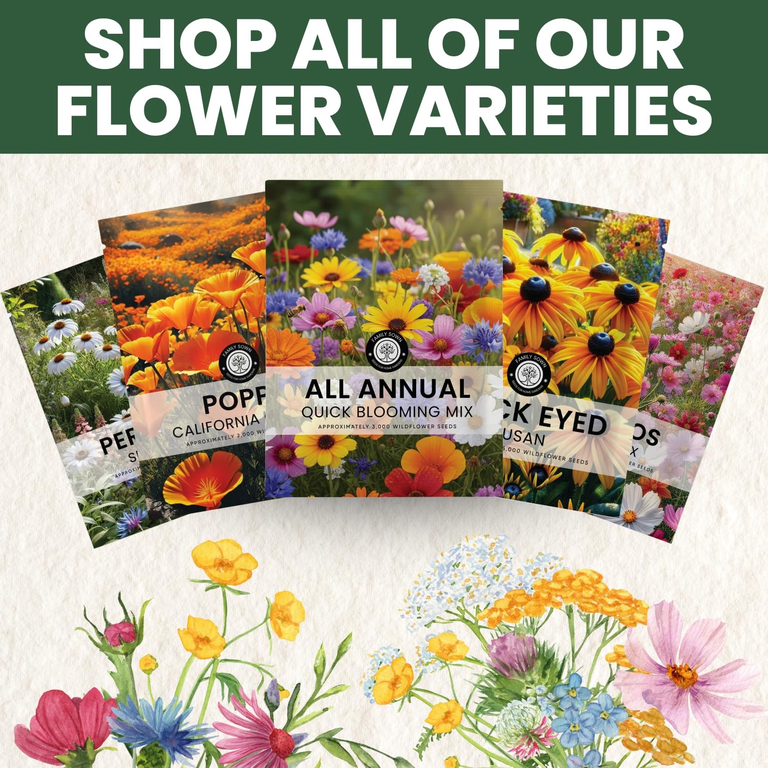 Bulk Wildflower Seeds Annual Quick Blooming 1/4 Pound Bag, Multiple Colors