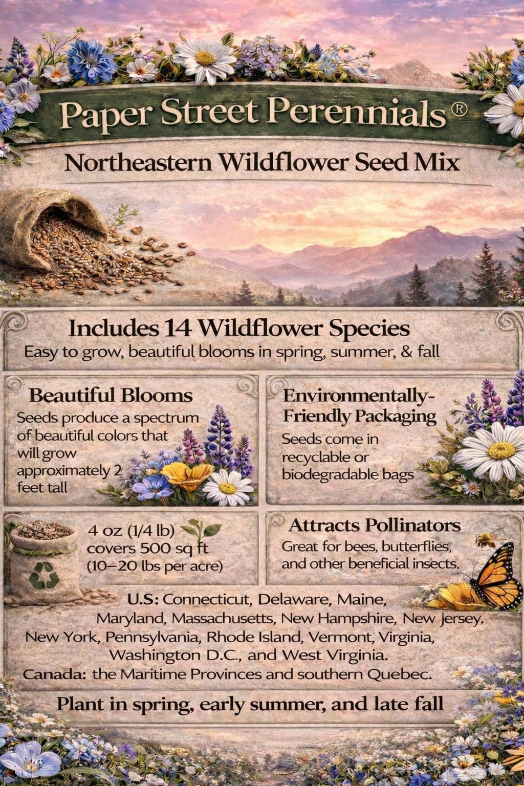 Maine Wildflower Seed Mix 1/2 lb Covers 1,000 Sq Ft Pollinator Garden Seeds