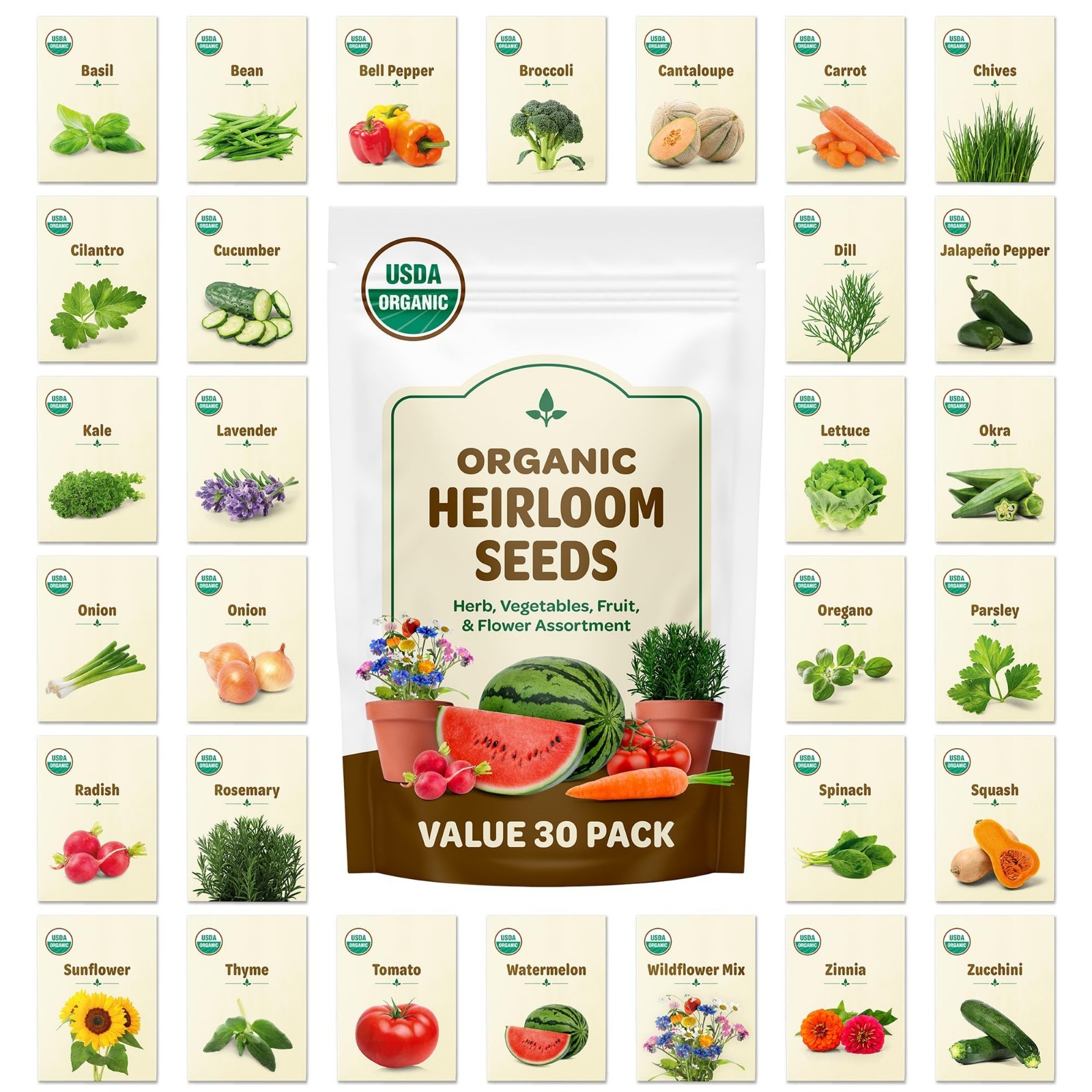 100% Heirloom Organic Seeds Variety Pack – 30ct Veggies, Herbs & Flowers