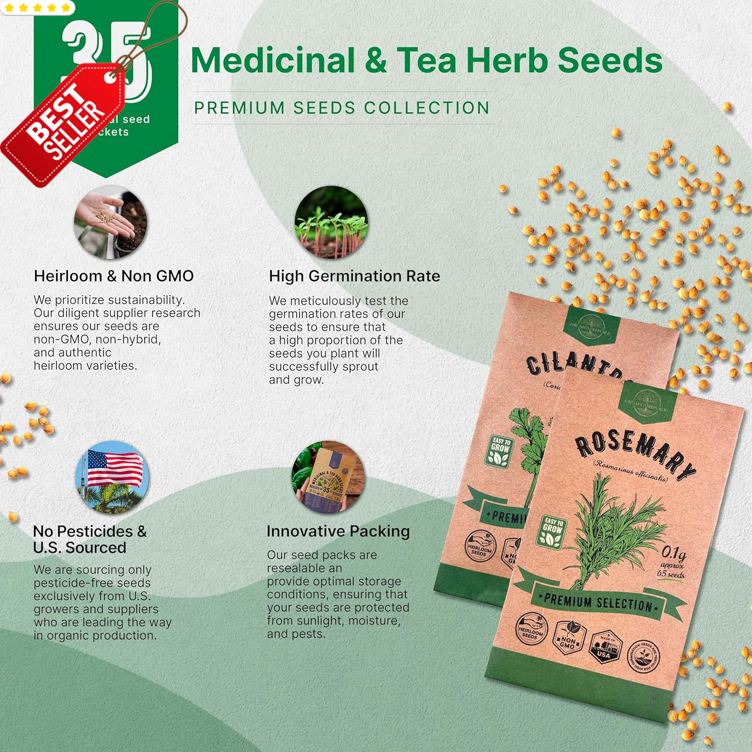 35 Medicinal Tea Herb Seeds Variety Pack Non-GMO Heirloom Indoor Outdoor US