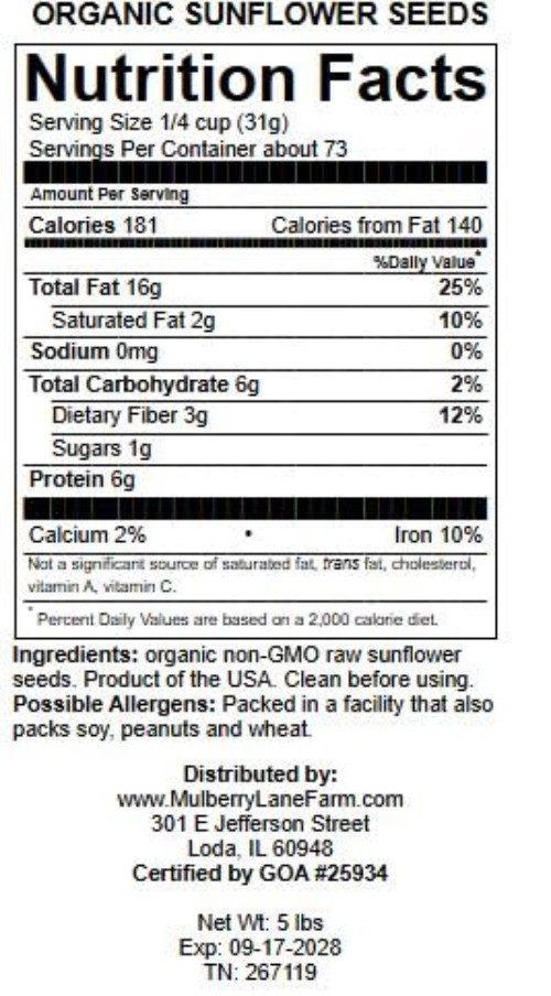 Organic Sunflower Seeds 5 Pounds Raw Hulled Unsalted Non-GMO Snack
