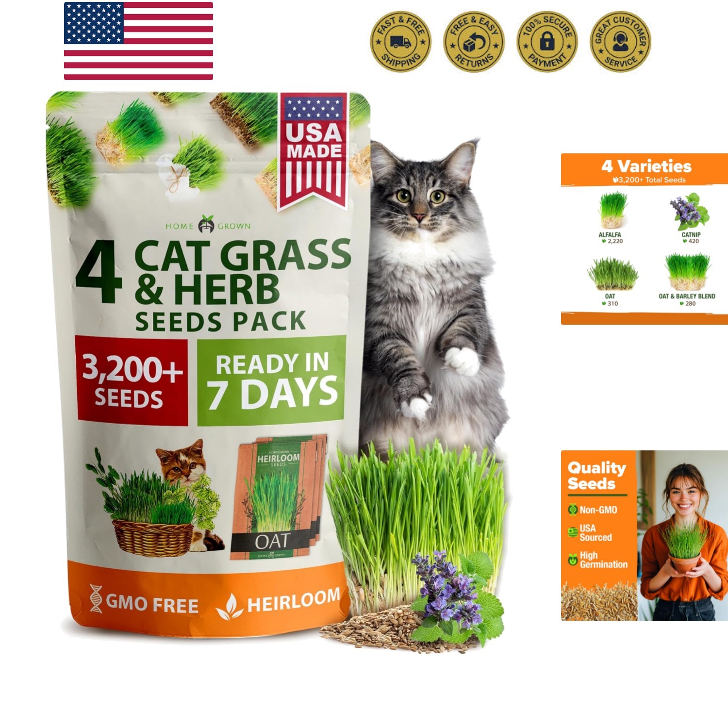3200+ Indoor Cat Grass Refill – Non-GMO Grown Catnip, Oat & Alfalfa Seeds – …
