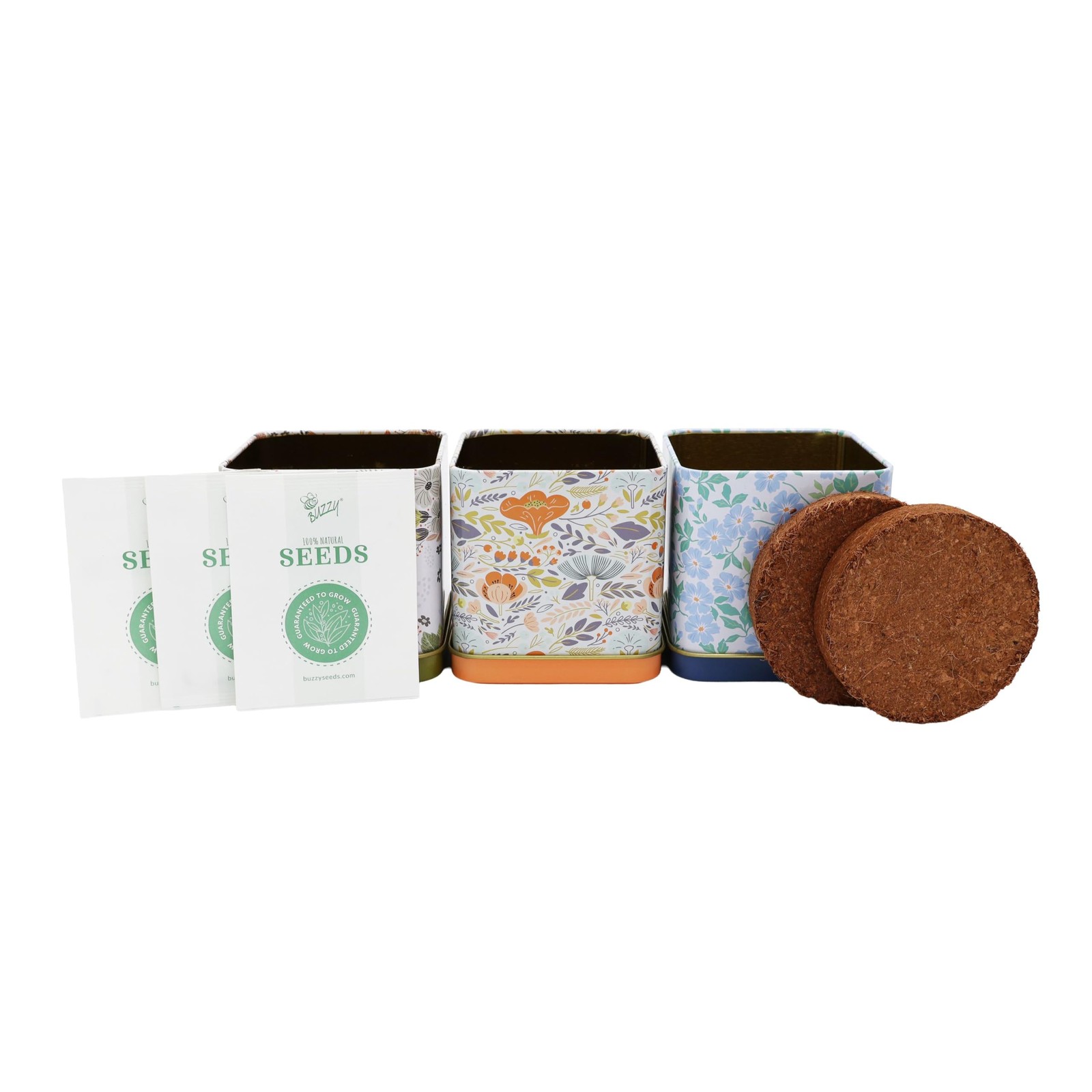 BUZZY Seeds Herbal Tea Garden Grow Kit – 3 Square Tin Planters with Lavender,…