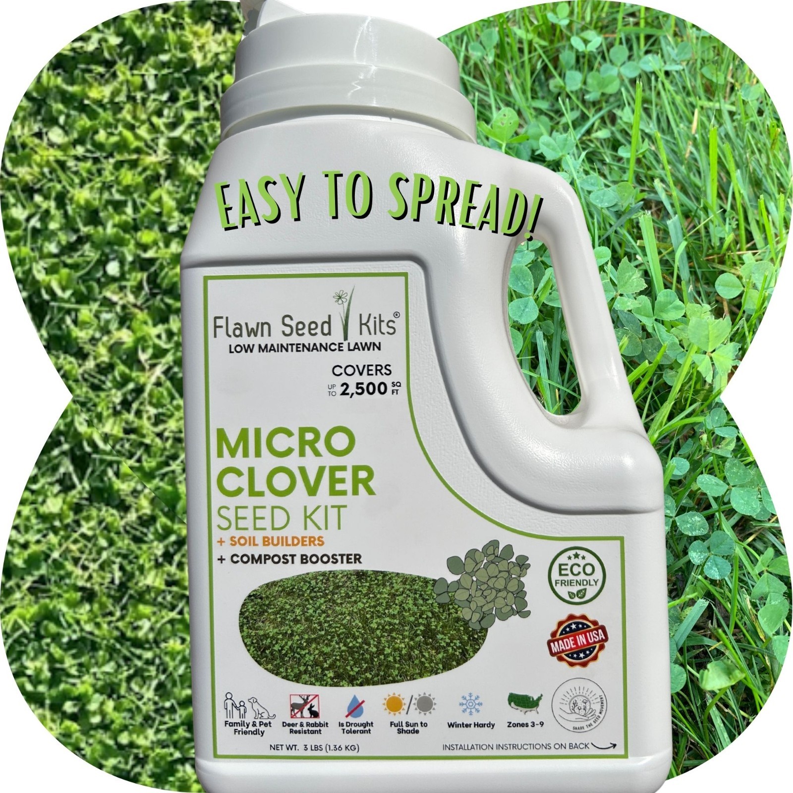 Flawn Seed Kits Micro Clover Seed Kit, Easy Spread Shaker, Low Growing