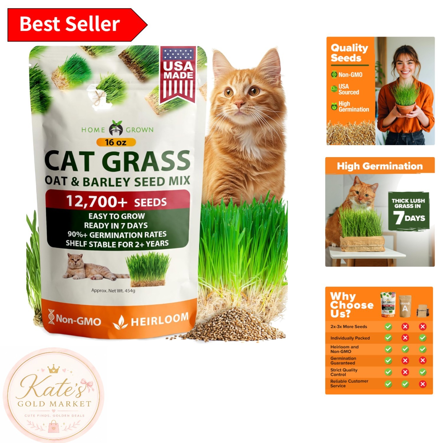 Low Maintenance Organic Cat Grass – 100% Heirloom Oat & Barley Seeds for Pets