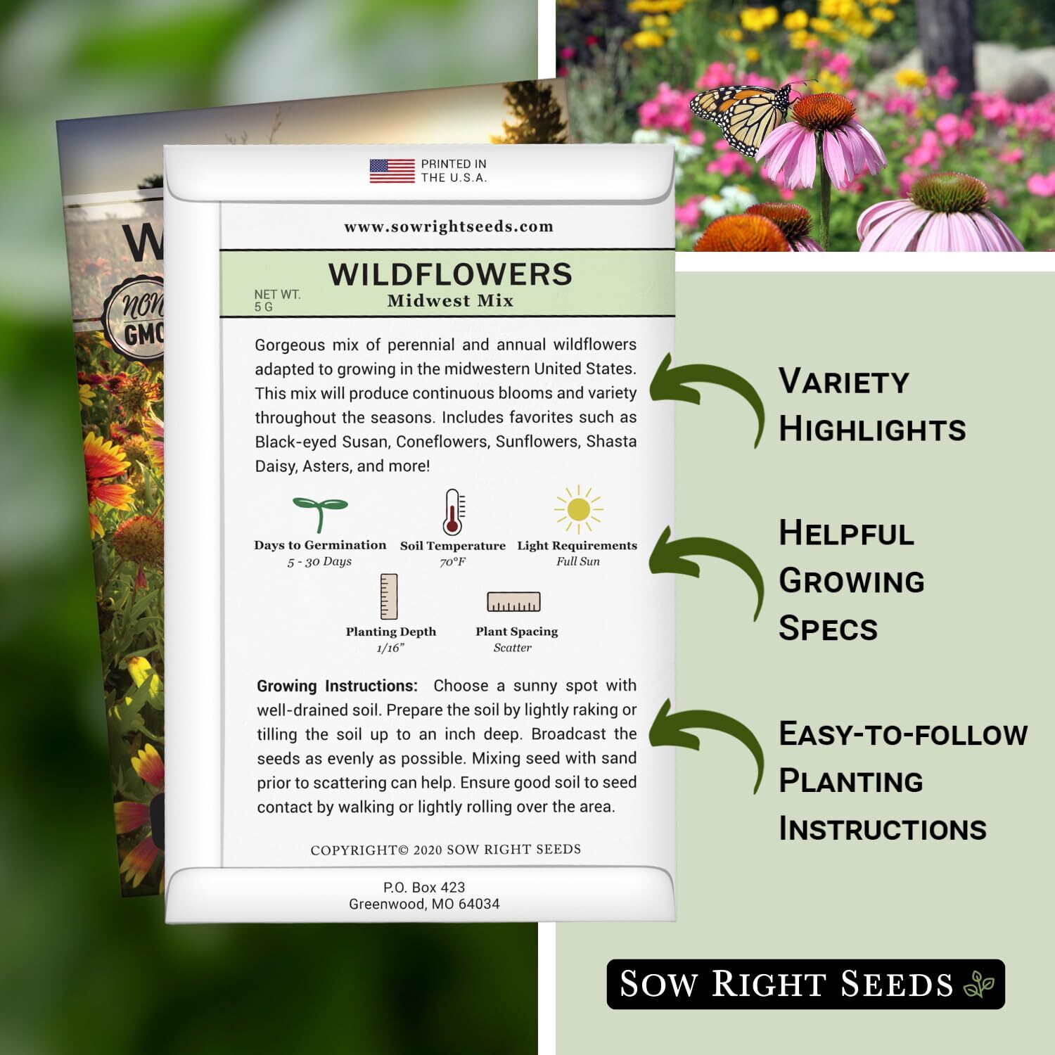 Midwest Wildflowers Seeds Mix Non-GMO Heirloom Perennial Annual Pollinators