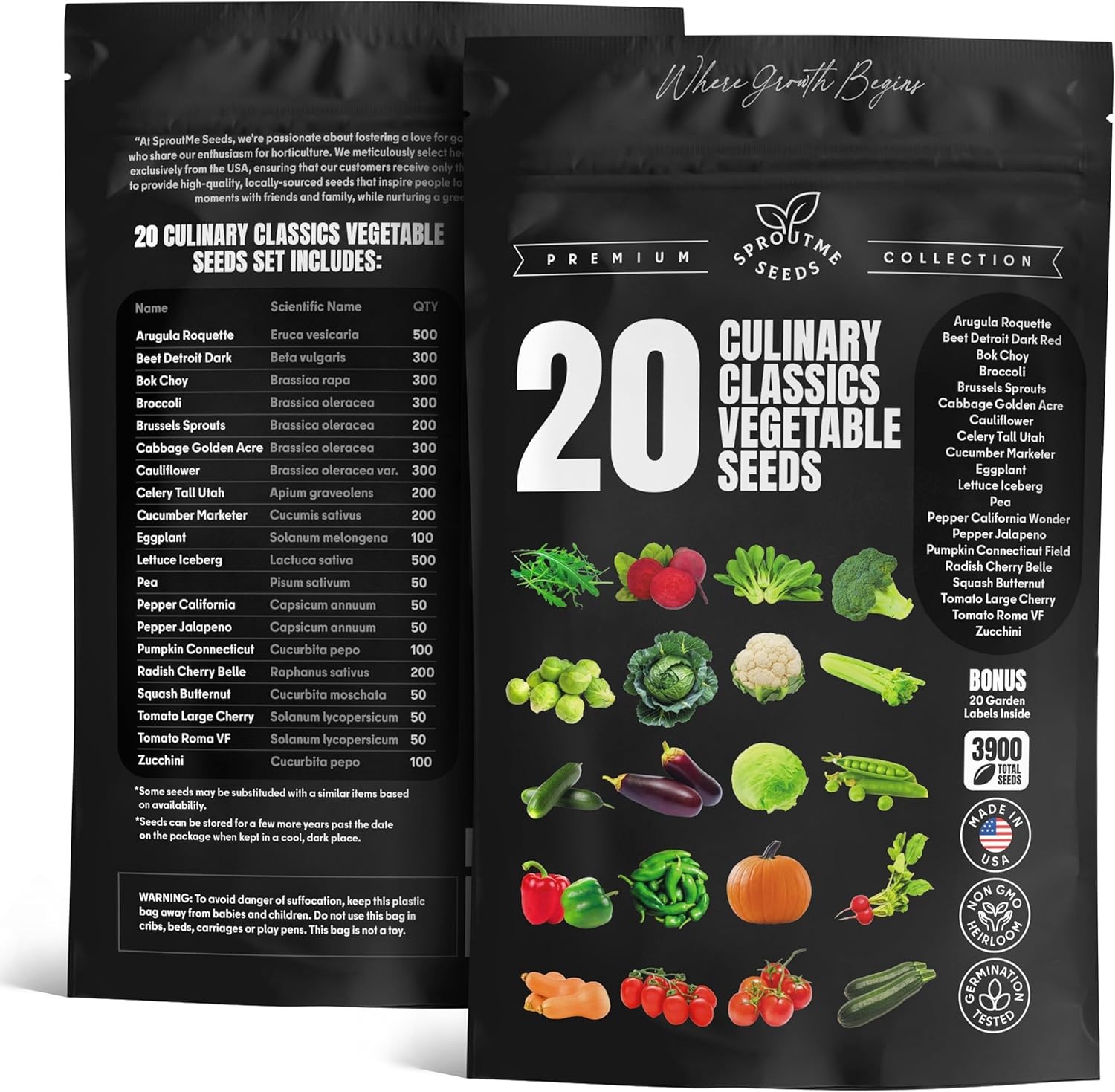 Vegetable Seeds Variety Pack 20 Types 3900+ Non-GMO Heirloom Garden Seeds