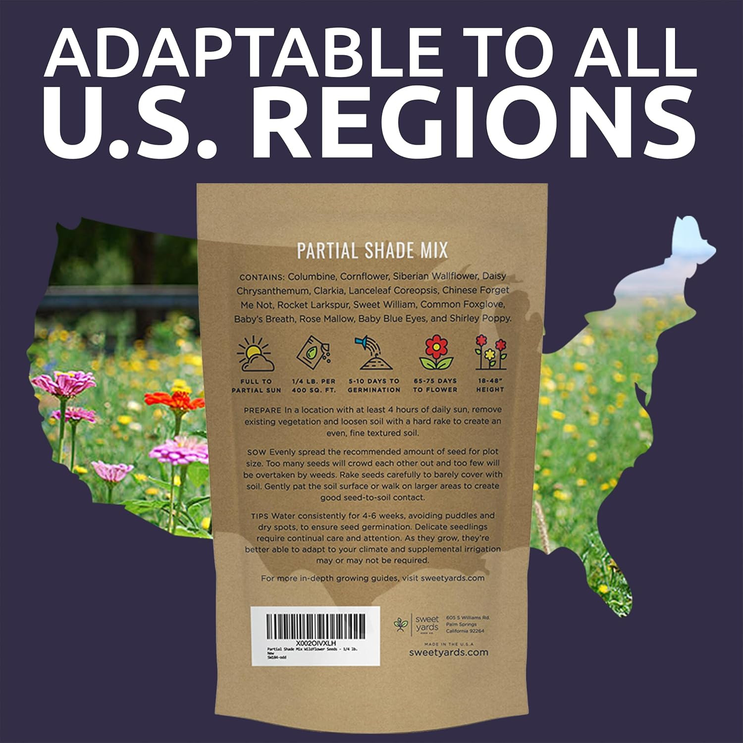 Bulk Wildflower Seeds Partial Shade Mix – 1/4 Pound Bag Annual & Perennial Seeds