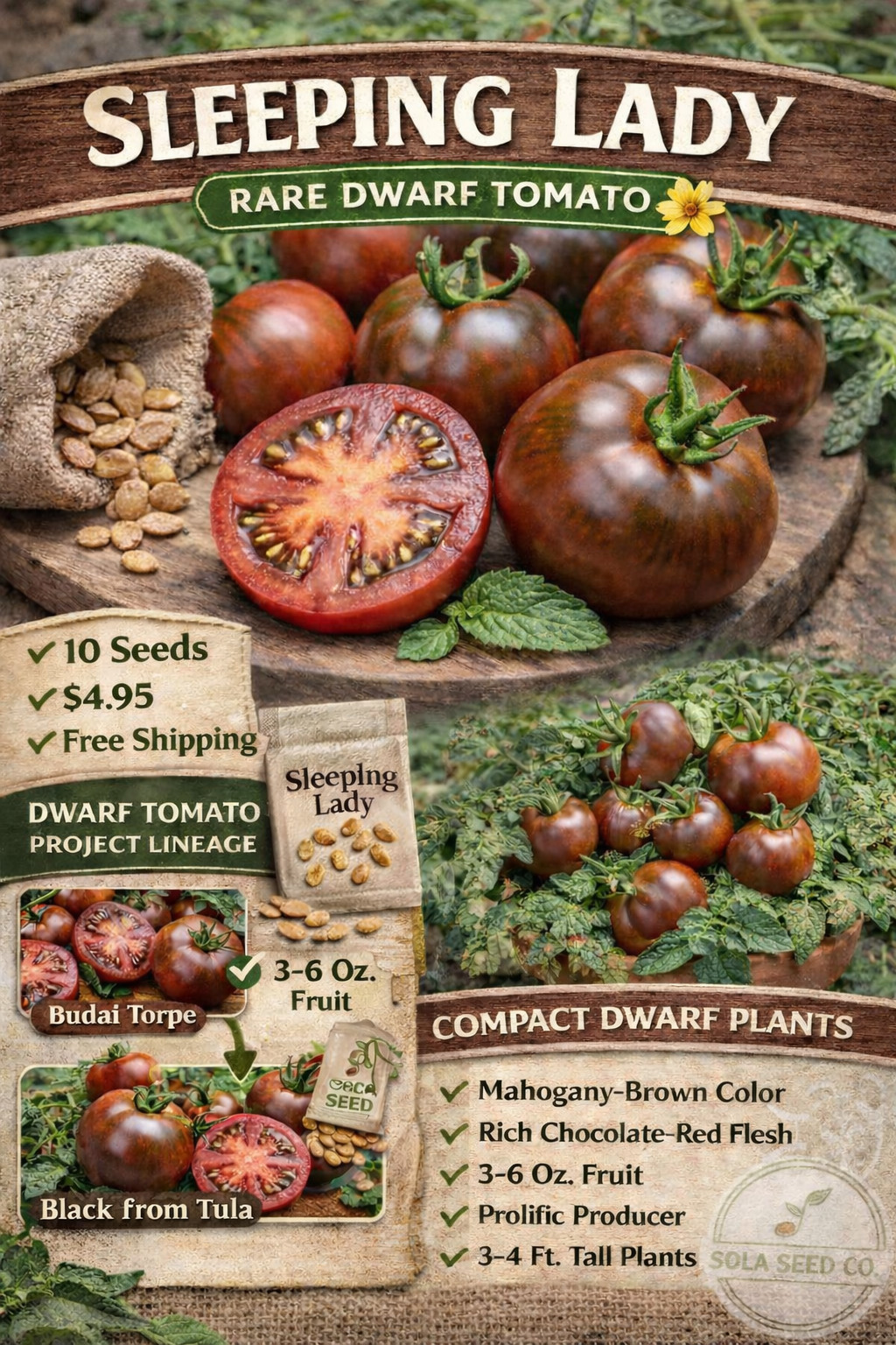 10 Rare Sleeping Lady Dwarf Tomato Seeds , Chocolate Color, Free Shipping USA