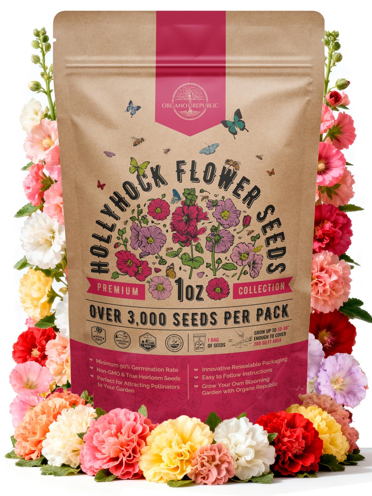 Hollyhock Flower Seeds Pack 1 oz – Over 3,000 1oz, Pink, Orange, Red, Green