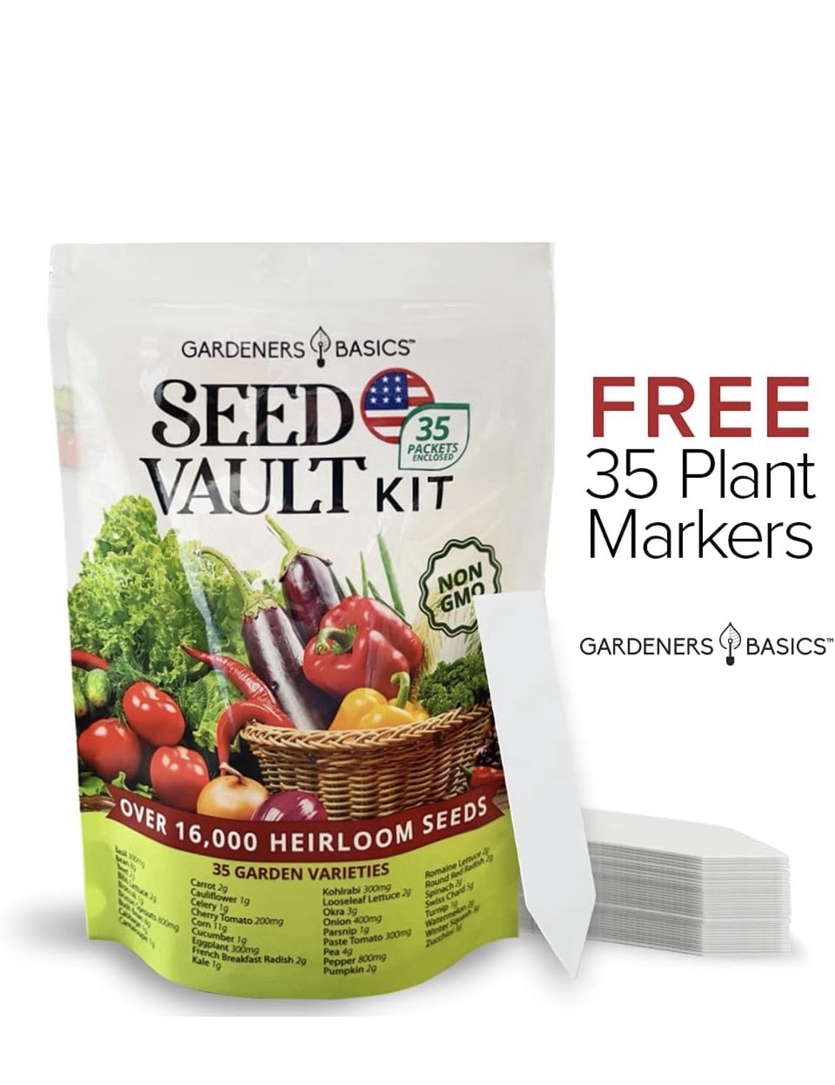 Gardeners Basics Survival Vegetable Seeds Garden Kit Over 16,000 Seeds Non-GMO a