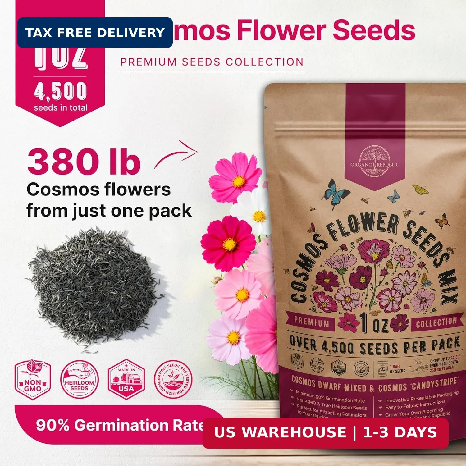 Cosmos Flower Seeds Pack 1 oz – 4,500 Non-GMO Heirloom Annual Seeds for Planting