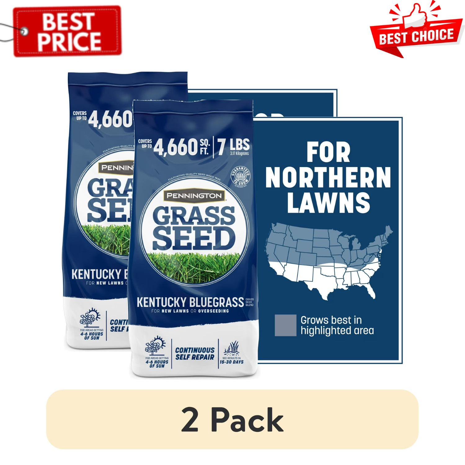 2Pack Pennington Kentucky Northern Grass Seed Mix for Sun to Partial Shade, 7 lb