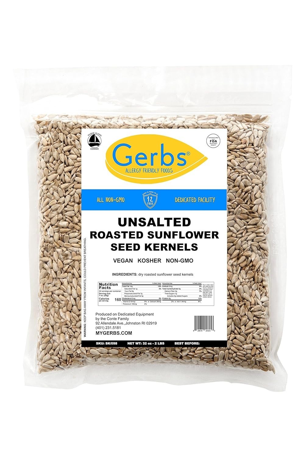 2 LB Pack of Dry Roasted Unsalted Sunflower Seeds – Allergen-Free Snack