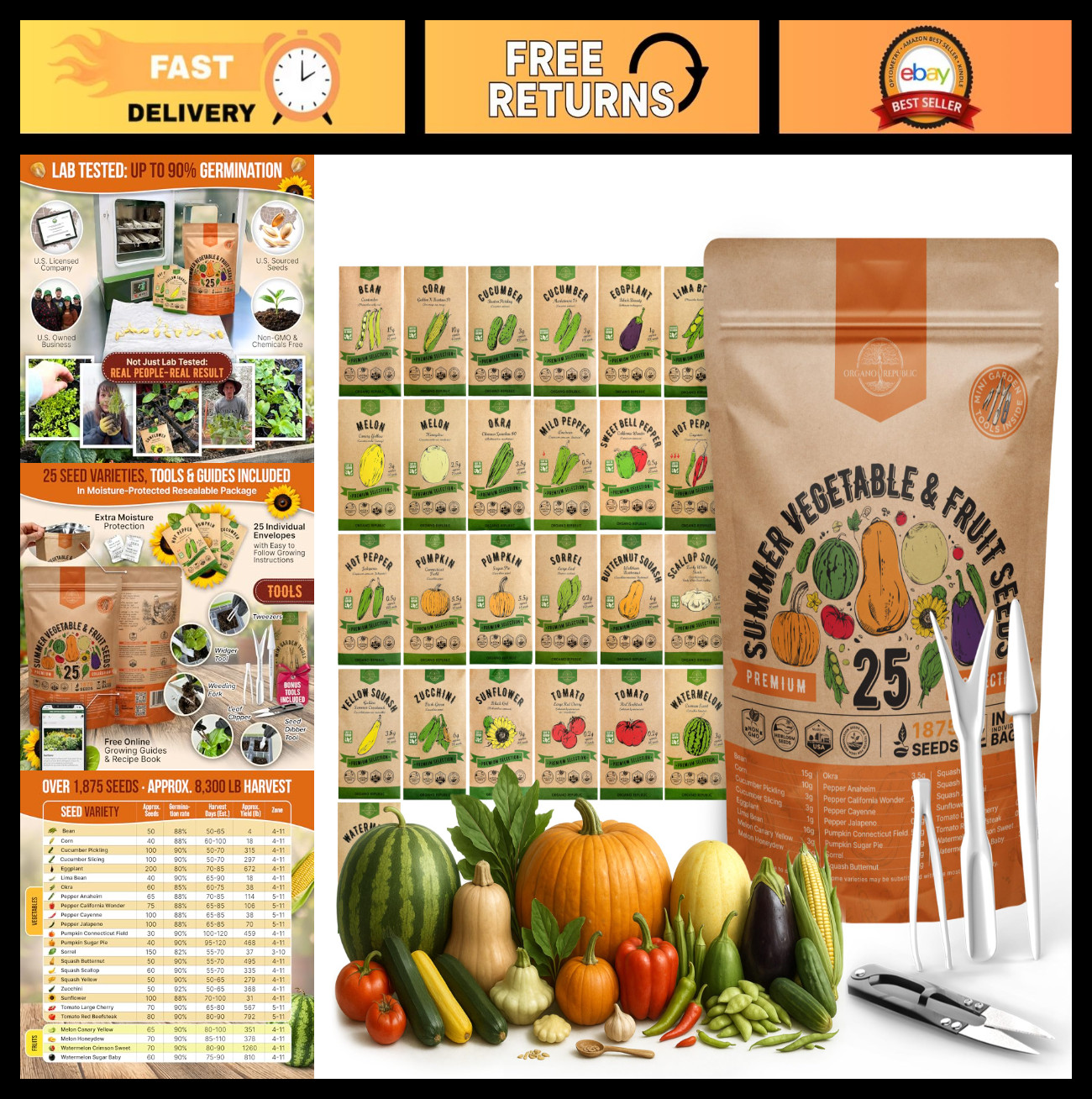 25 Non-GMO Heirloom Vegetable & Fruit Seeds Variety Pack for Home Gardening – 1,