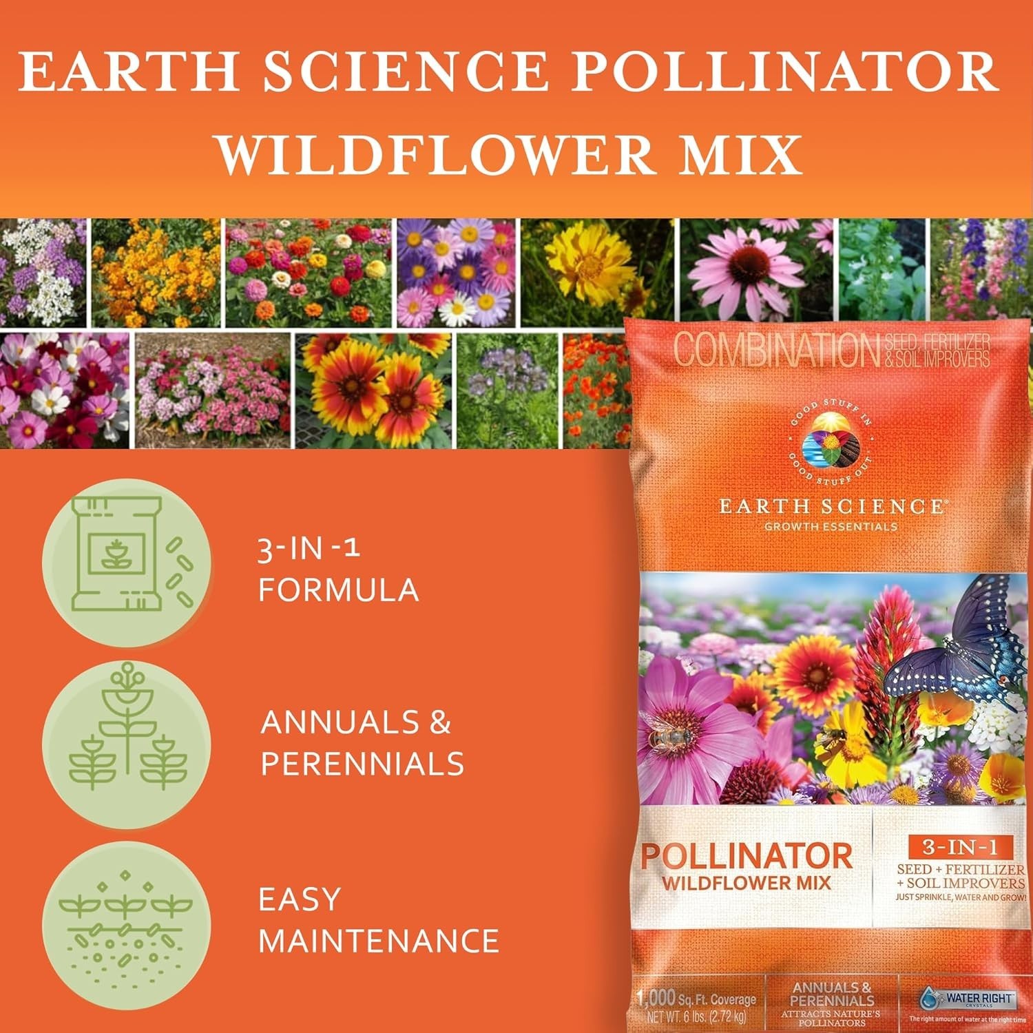 3-in-1 Wildflower Mix – 6lb of Seeds, Food & Soil conditioner for Pollinators
