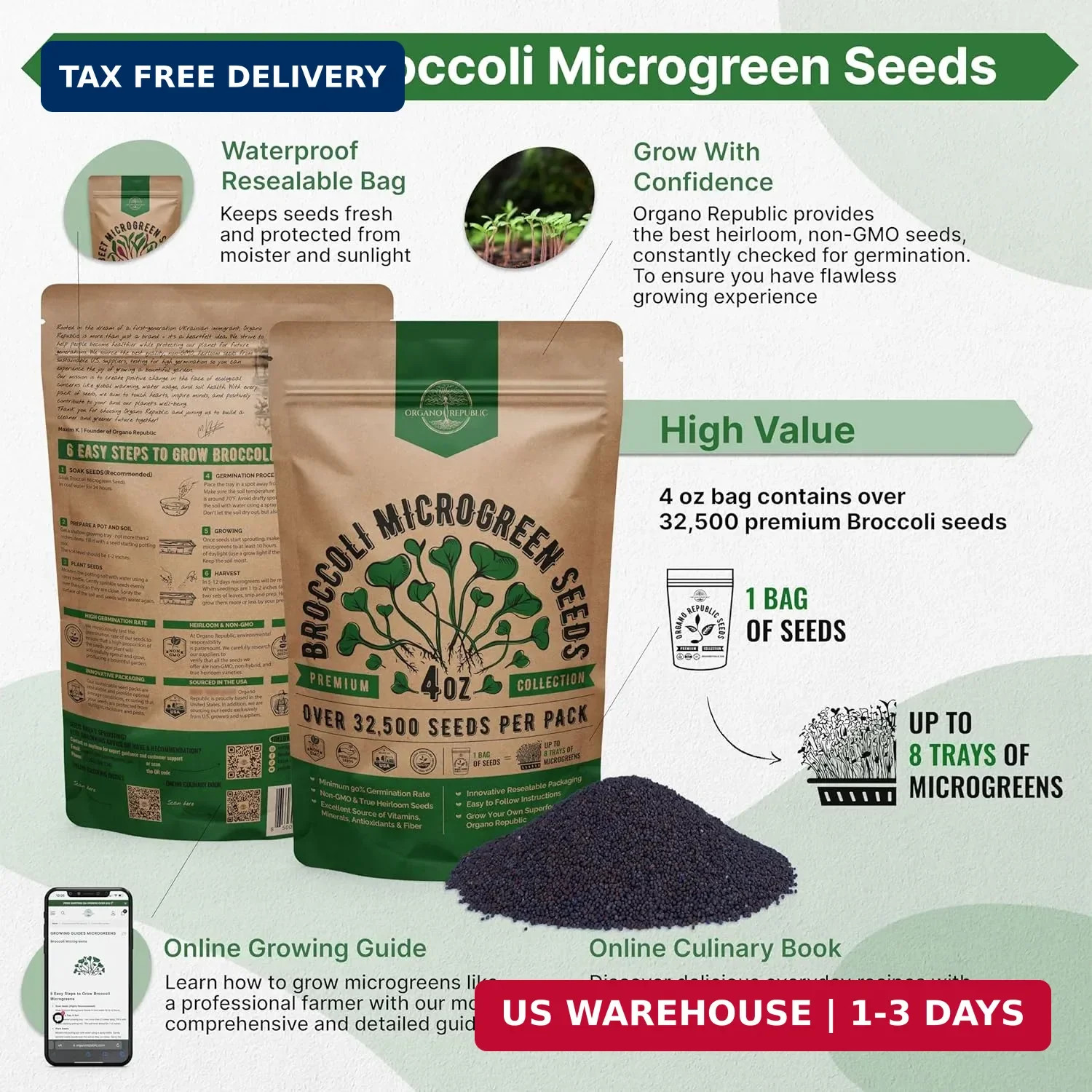 Organo Republic Broccoli Sprouting & Microgreens Seeds – 32,500 Non-GMO Heirloom