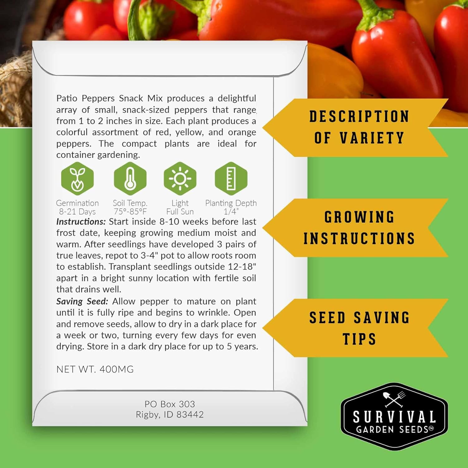 Patio Snack Mix Mini Sweet Pepper Seeds for Planting | Compact Lunchbox-Style…