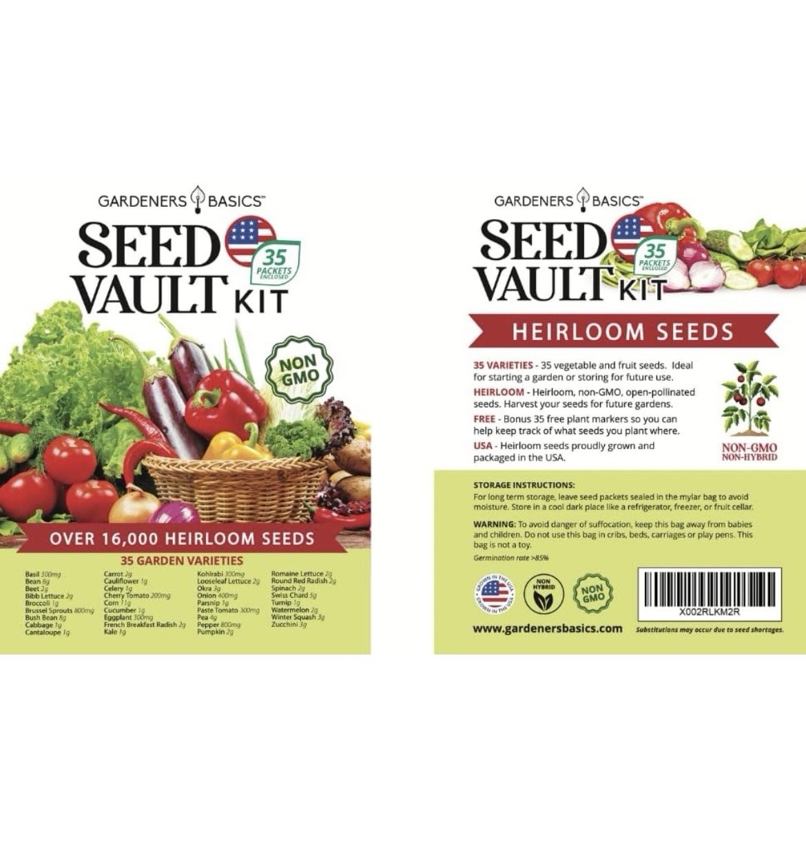 Gardeners Basics Survival Vegetable Seeds Garden Kit Over 16,000 Seeds Non-GMO a