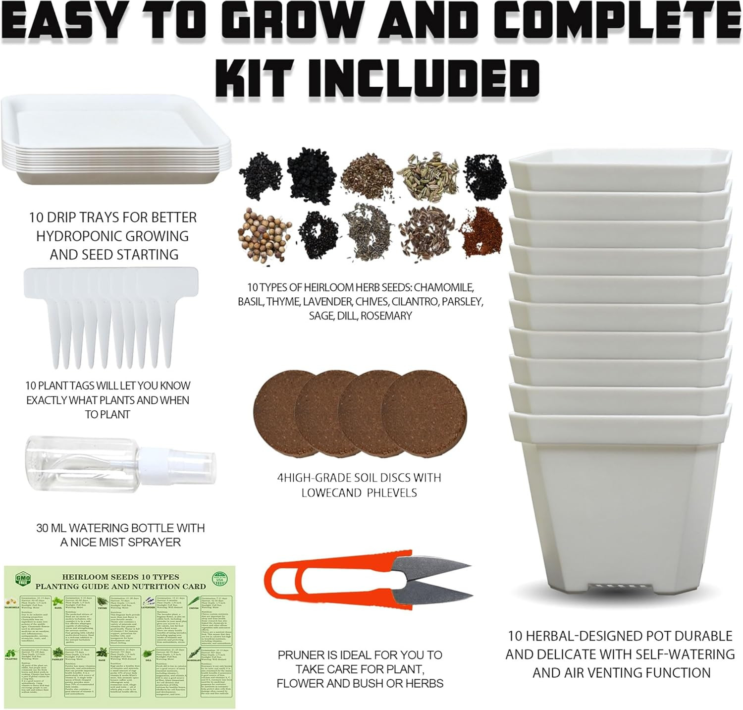 10 Herb Seeds Garden Starter Grow Kit with White Pots, Markers, Nutritional Soil