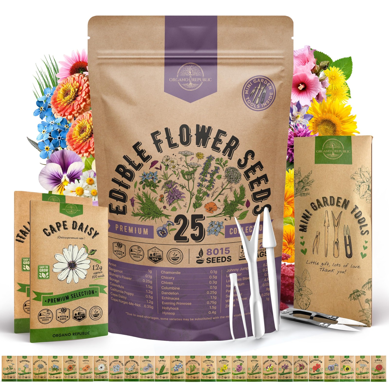 25 Edible Flower Seeds Variety Pack Indoor Outdoor Gardening 8000 Non GMO Heirlo