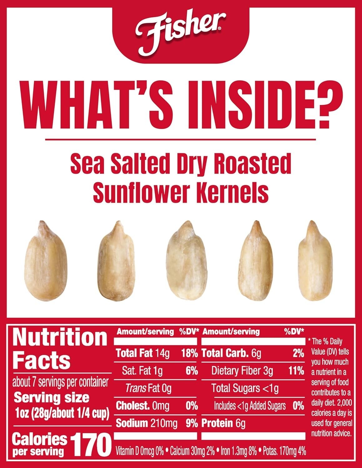 Fisher Dry Roasted Sunflower Seeds 7.25 oz Pack of 2 Gluten-Free Snacks