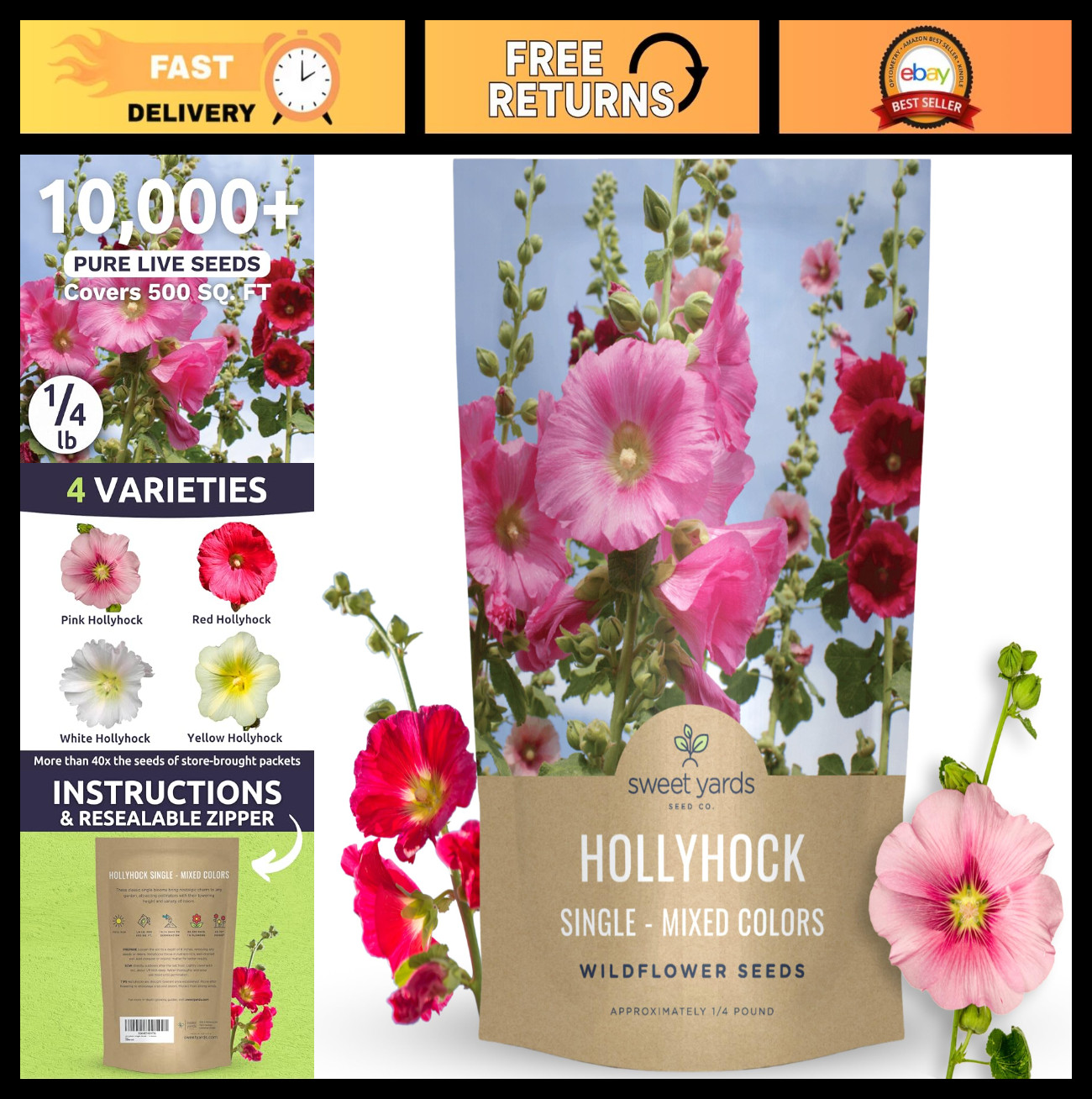 Mixed Color Hollyhock Seeds – 10,000 Bulk Flower Seeds for Planting – 1/4 lb Pou