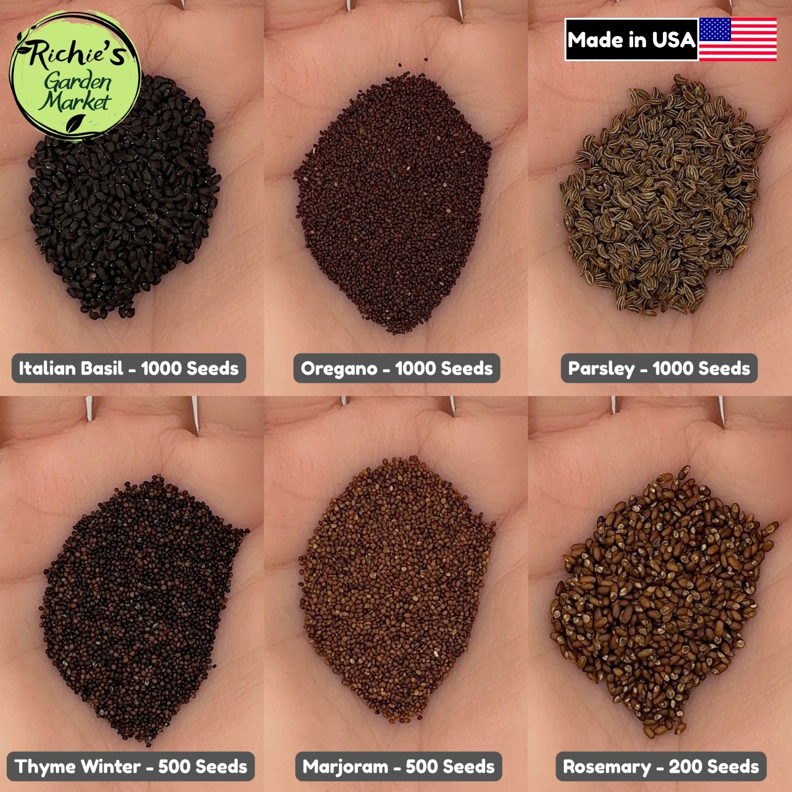 Italian Herb Seeds Kit, Basil Oregano Parsley Thyme Rosemary Marjoram, Non-GMO