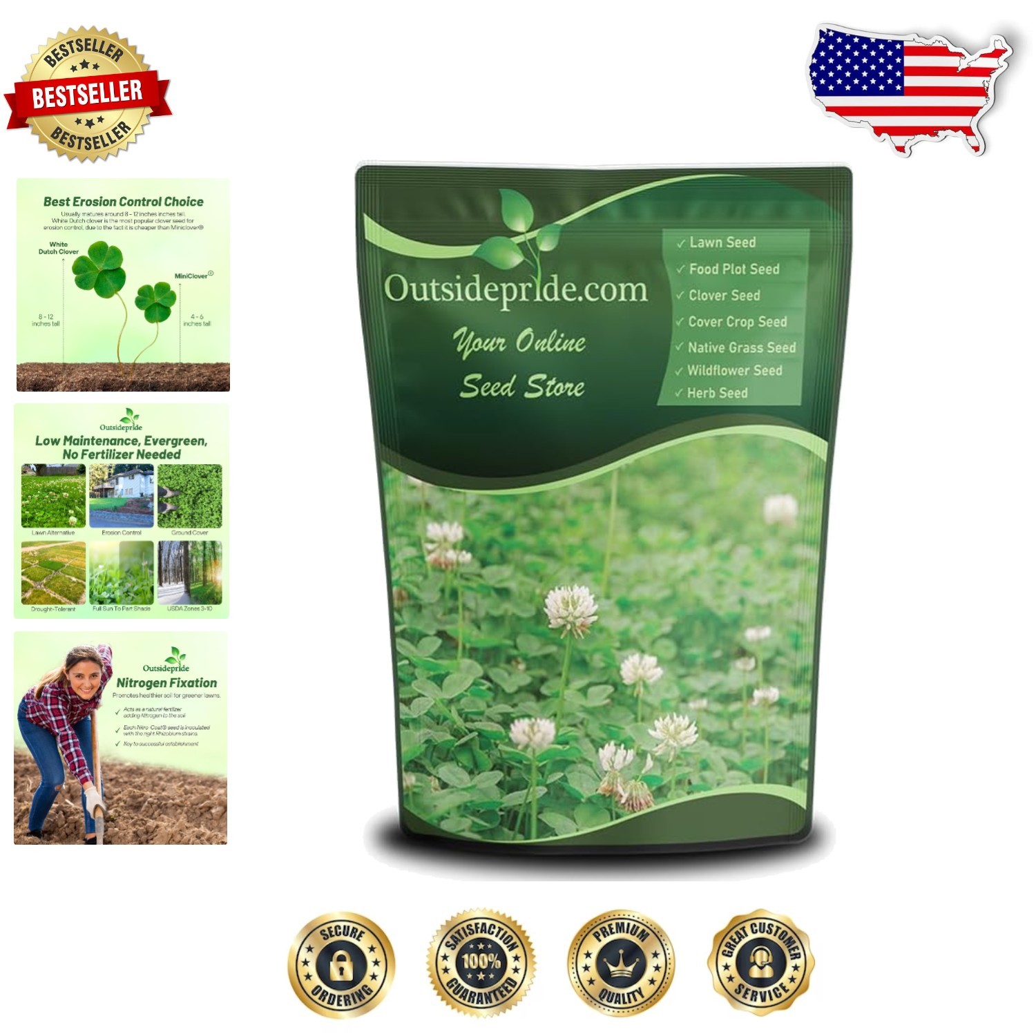 White Dutch Clover Seed 2lb Nitrocoated, Inoculated, Perennial Lawn Alternative