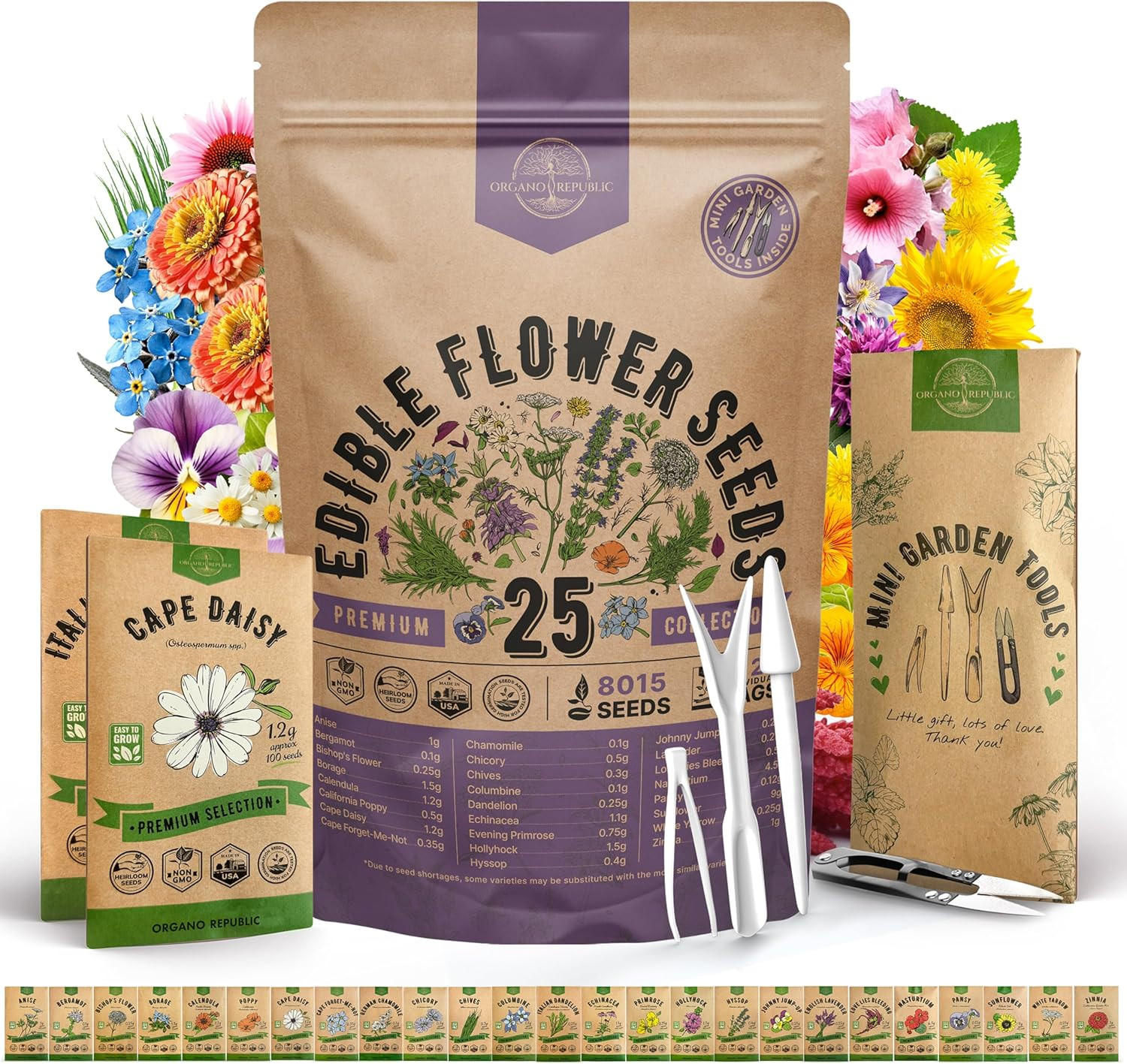 Organo Republic 25 Edible Flower Seeds Variety Pack for Indoor Outdoor Gardening