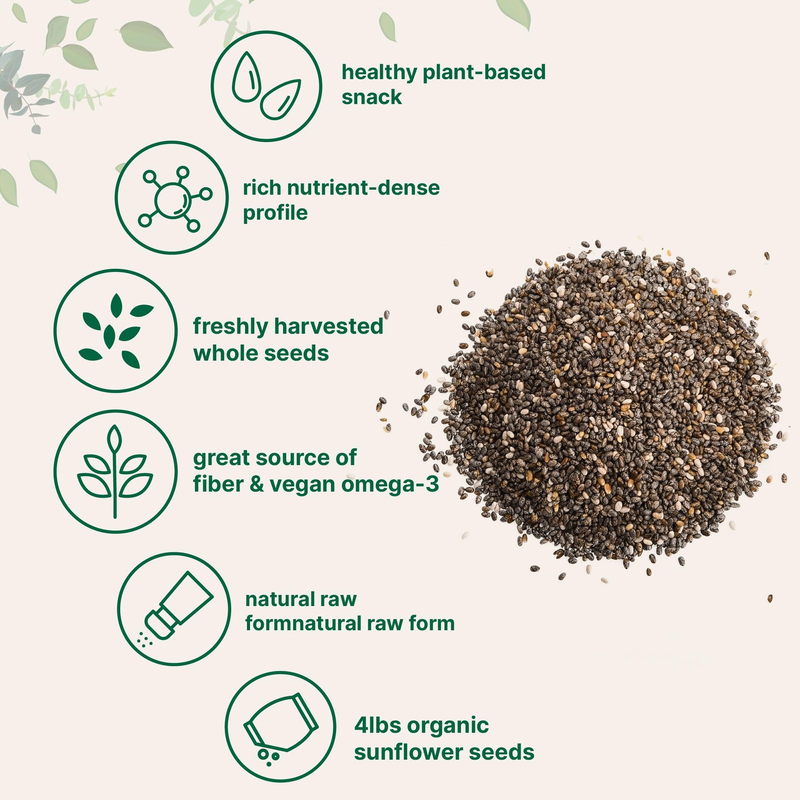 Organic Chia Seeds, 4lbs | Raw Seed Source | Rich in 4 Pound (Pack of 1)
