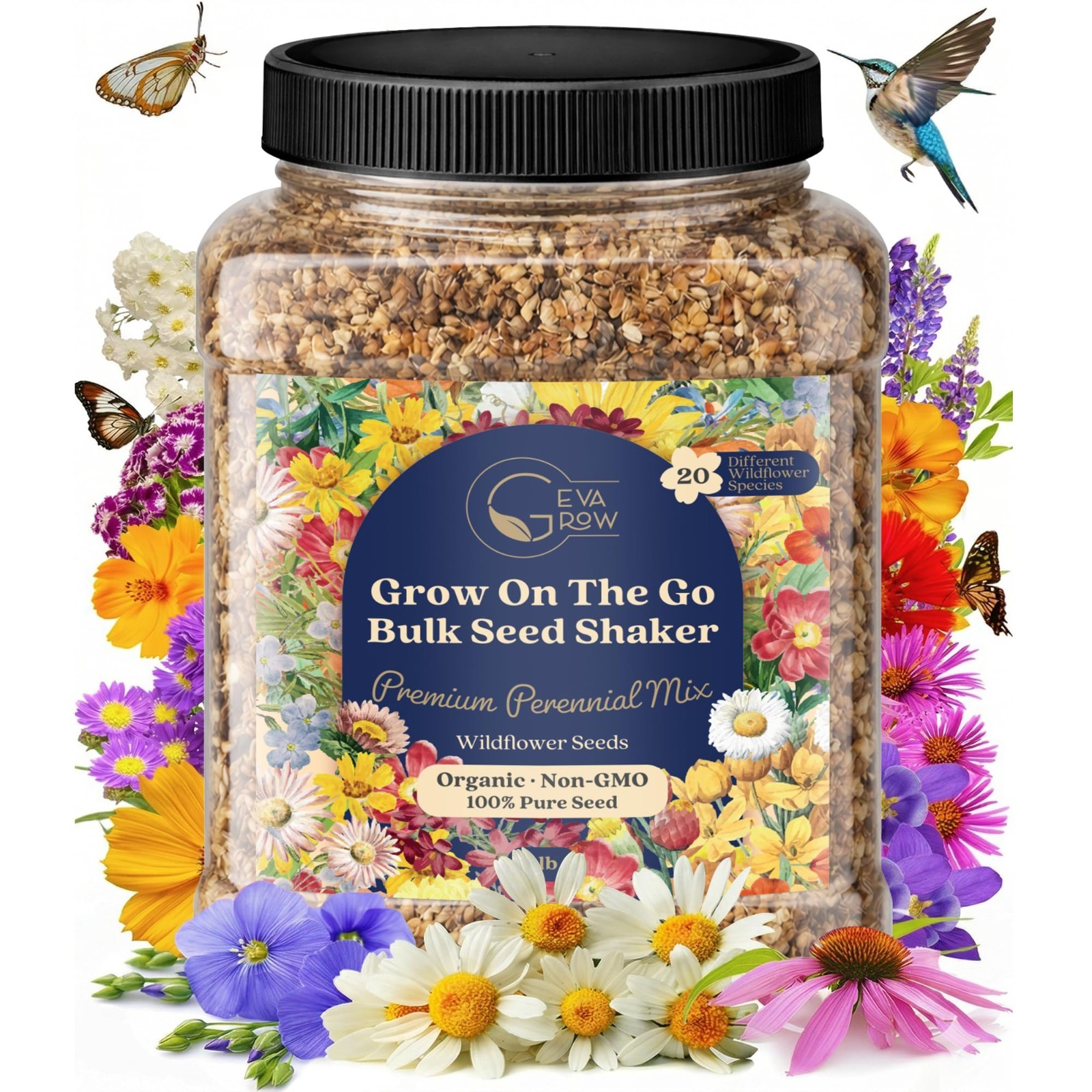 Bulk Wildflower Seed Shaker – 900,000+ Perennial Flower Seeds Mix, 1 lb Tub, Pla