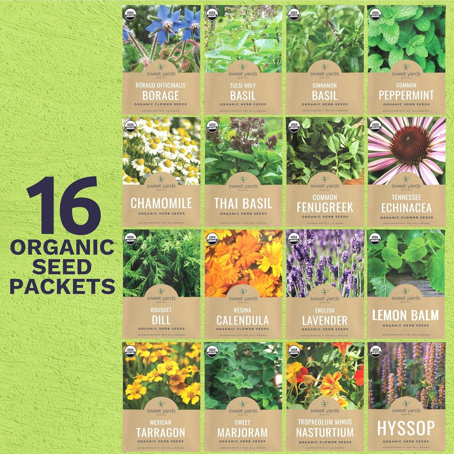 Herbal Tea Seeds Variety Pack 16 Types Indoor Outdoor Growing Certified Organic